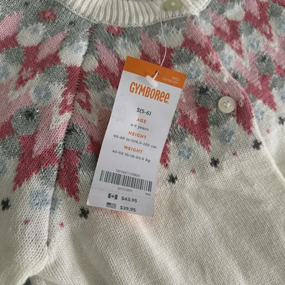 Gymboree Girls S 5/6 Fair Isle Cardigan Sweater Ivory Pink Gray Argyle 2015 NWT